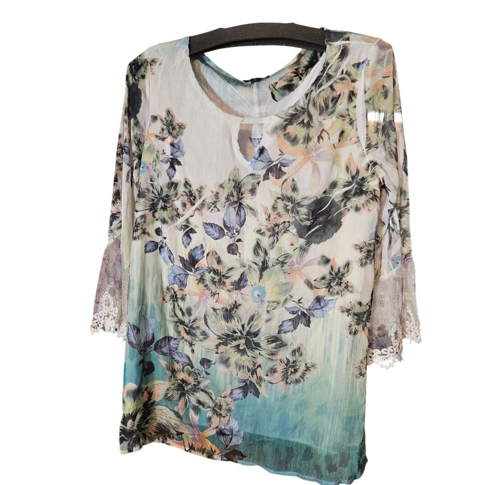 Cal Style USA Floral Lace Bell Sleeve Blouse Teal Green Cream Large Made in USA